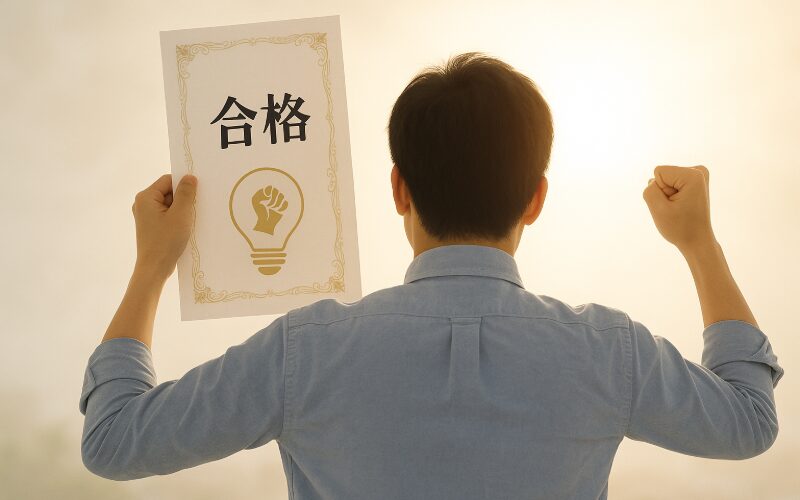 登録販売者試験に合格し喜ぶ受験生
