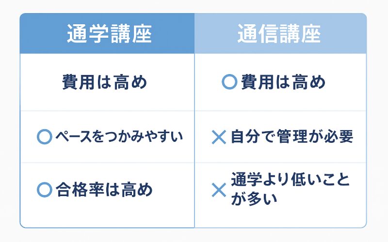 登録販売者の通学講座と通信講座の比較表